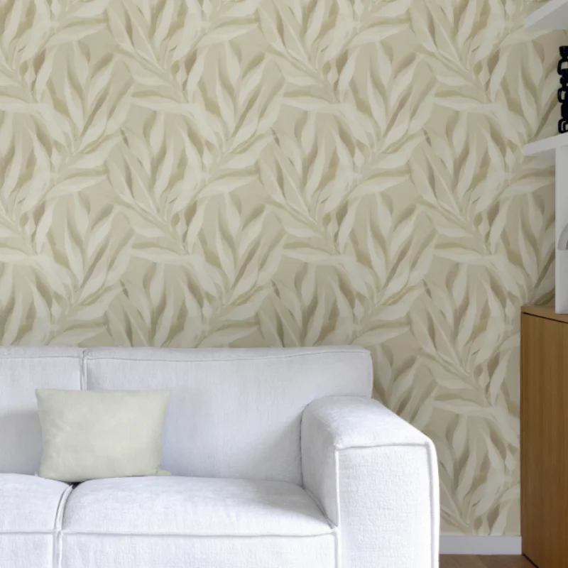 Papel de parede folhas bege sala Itatiba