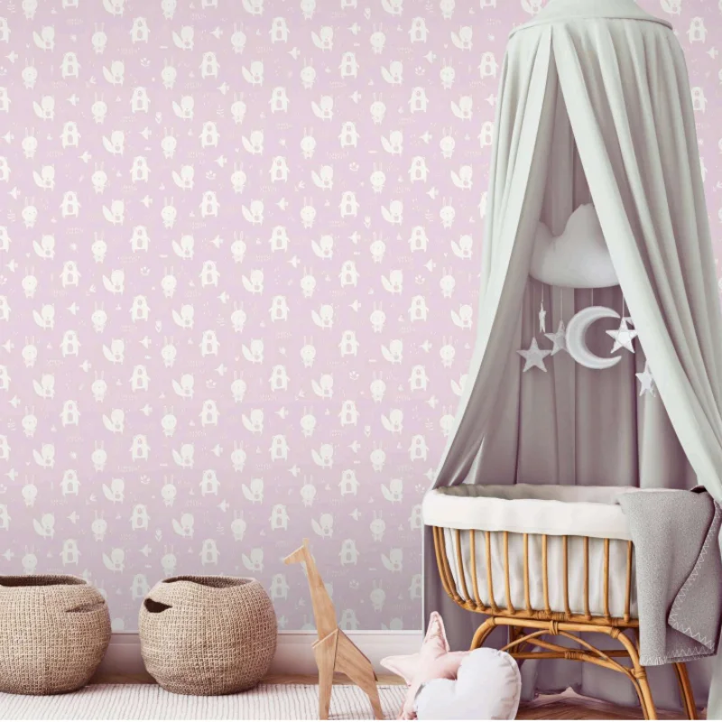 Papel de parede infantil animais lilás quarto bebê